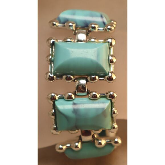 Vintage Coro Turquoise Panel Bracelet Wide Plastic Links - Picture 3 of 5